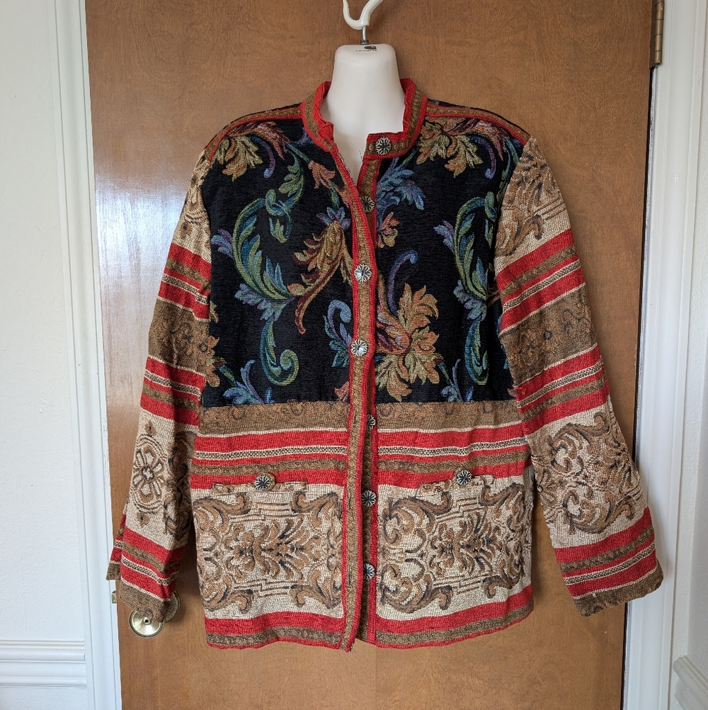 Vintage Sag Harbor Black Red Tan Damask Tapestry Jacket Blazer